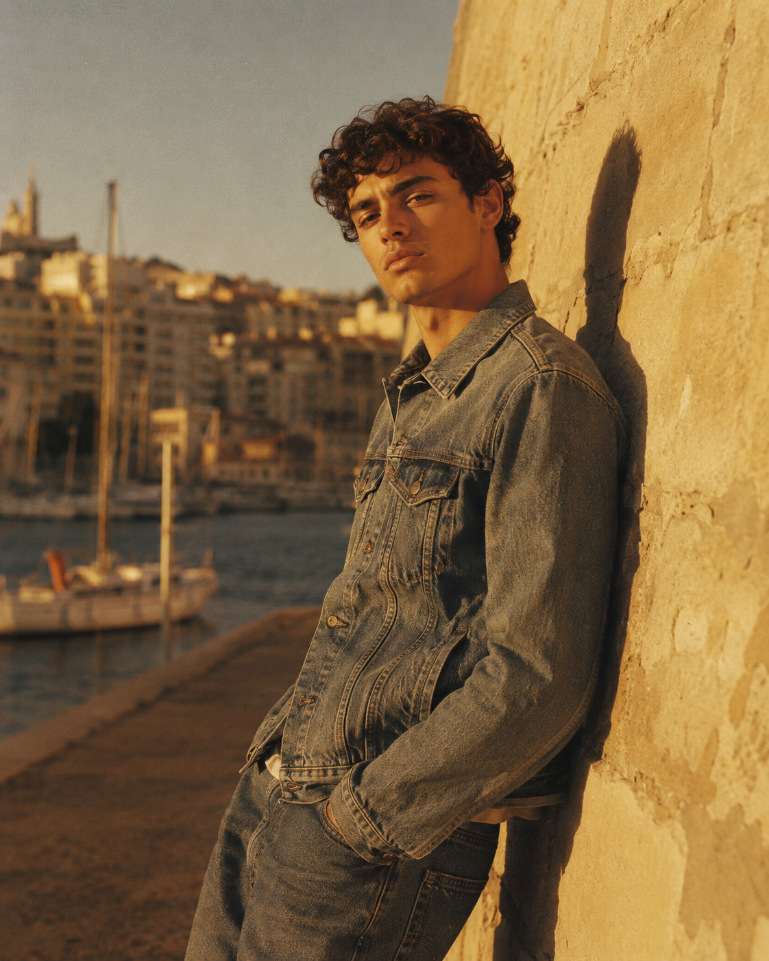 Jeune homme en total look denim Kaporal dans une rue de Marseille au soleil