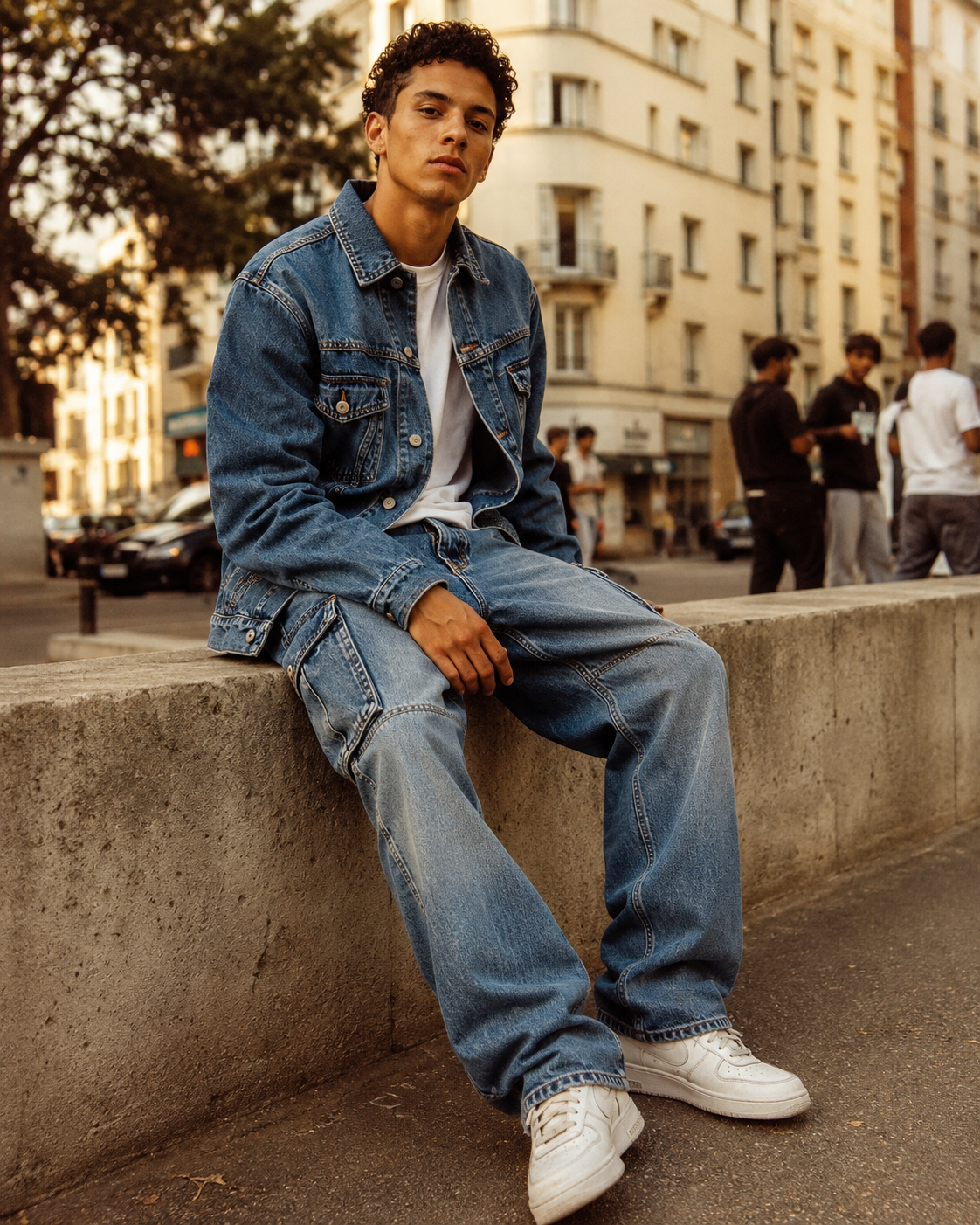 Jeune homme en total look denim, scène streetwear urbaine — culture urbaine Kaporal