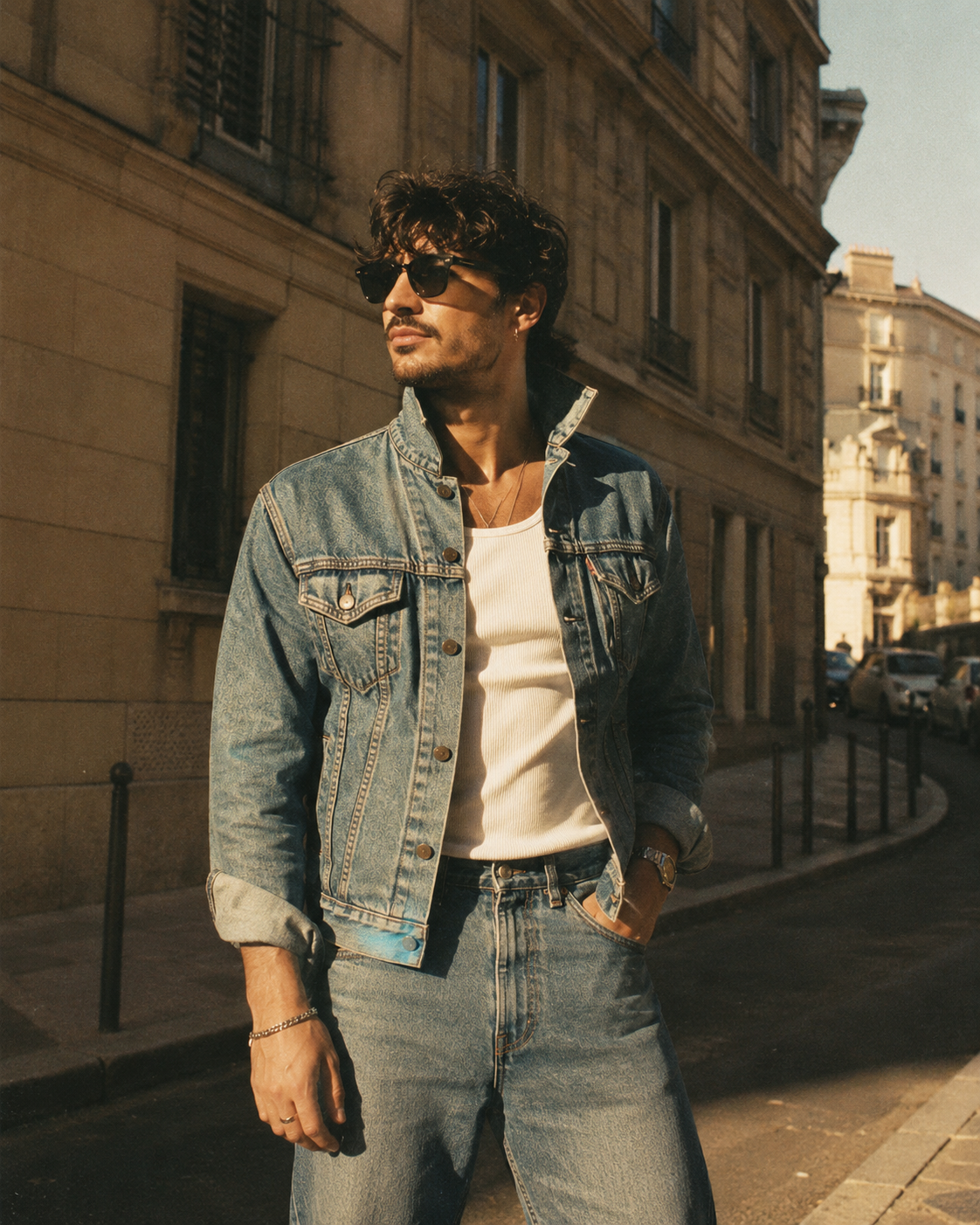 Homme en total look denim Kaporal, allure urbaine française dans une rue ensoleillée