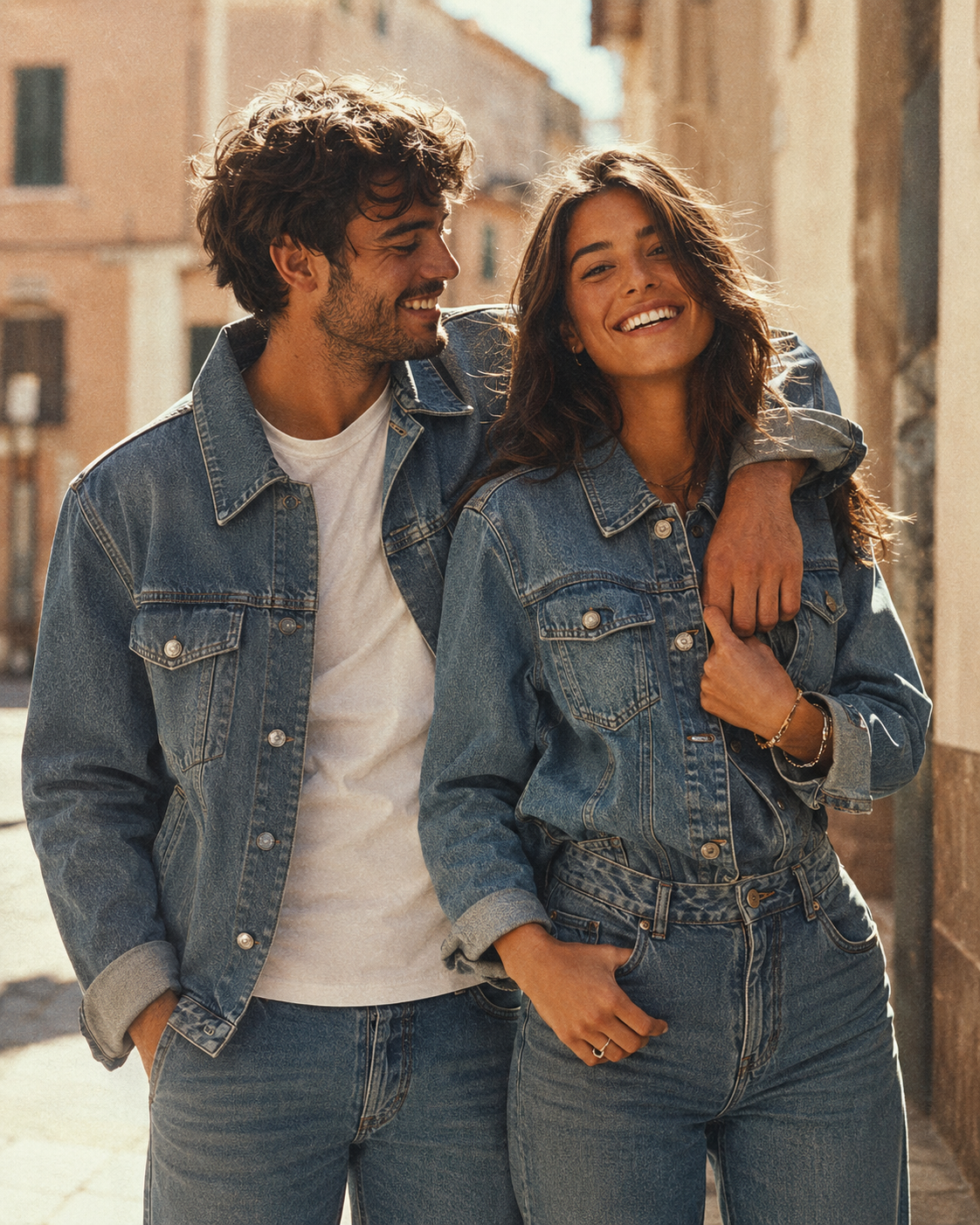 Jeune couple complice en total look denim dans une rue ensoleillée méditerranéenne — newsletter Kaporal