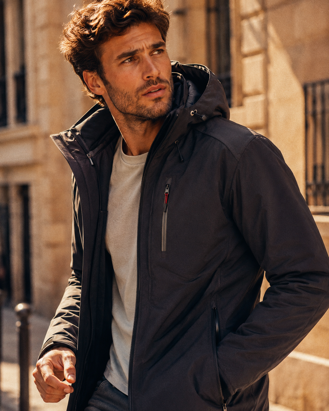 Homme en veste softshell technique Kaporal en extérieur urbain — technique et style