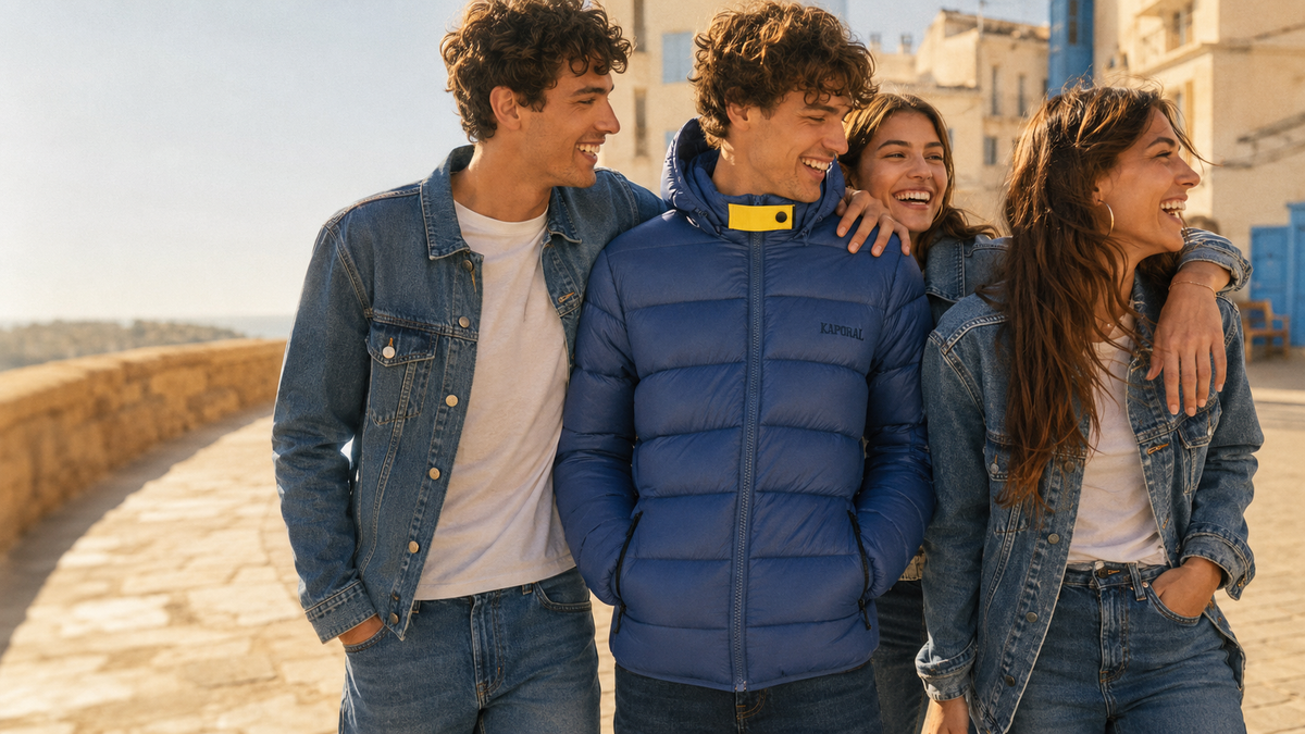 Quatre amis en doudoune et veste en jean Kaporal au soleil